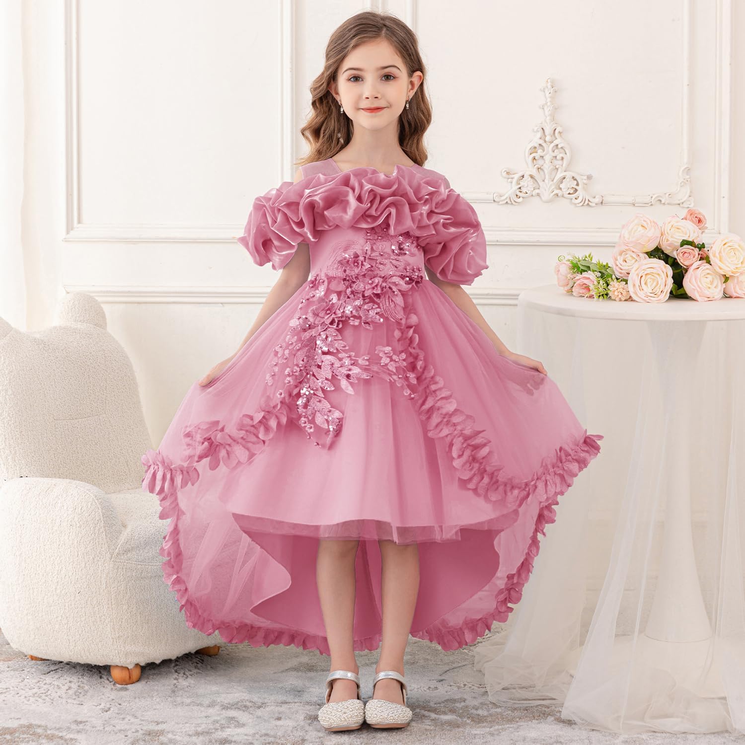 Girl's Princess Dress, Birthday Party, Pageant Gown - Ruffle Tulle Satin Princess Dresses with Kids Train - Image 4