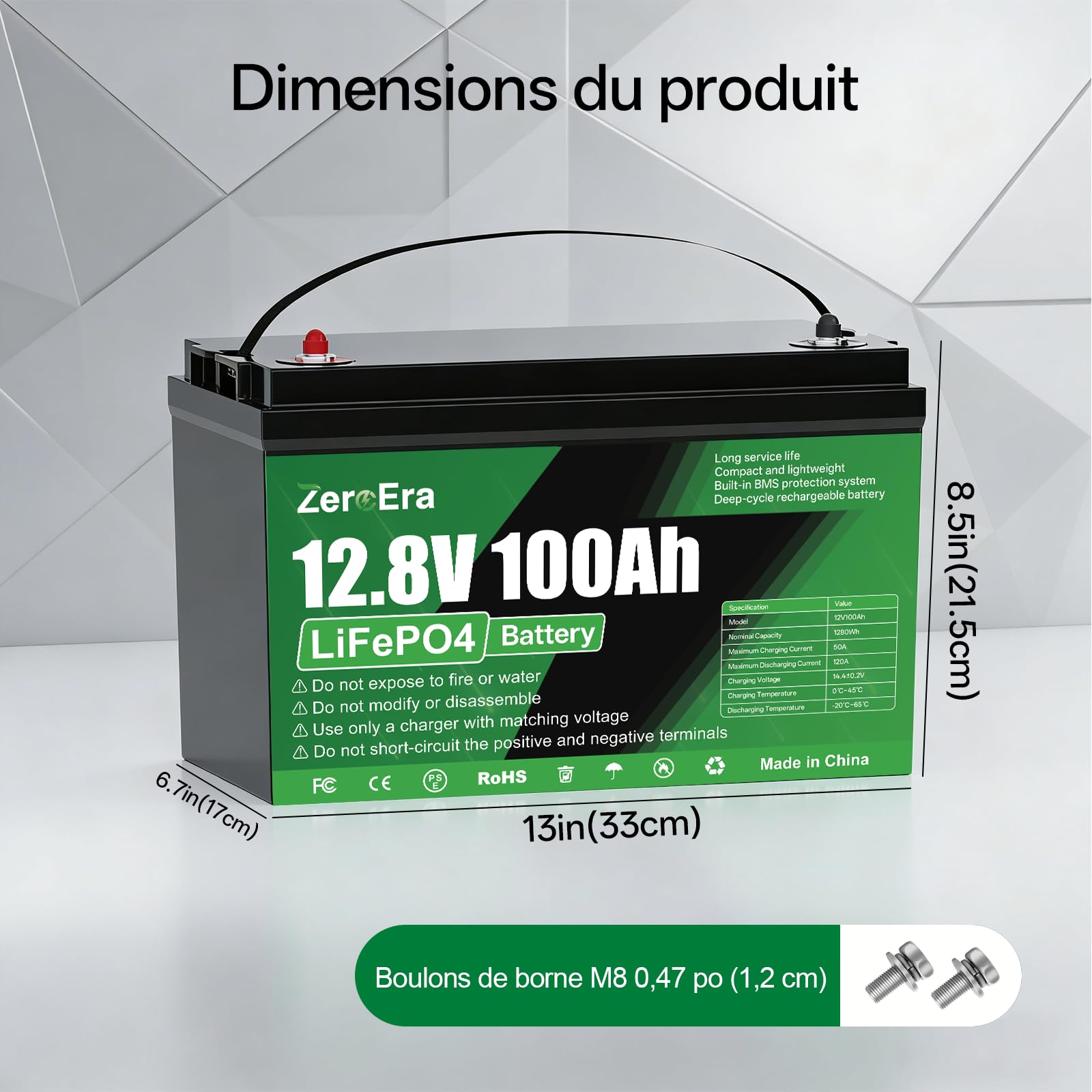 Batterie Lithium LiFePO4 12V 100Ah 1280Wh,BMS 100A Intégré, Protection Basse Température,Cycle Profond Longue Durée de Vie,Prend en Charge Montage Série et Parallèle,pour Panneau Solaire,1 * 12V 100AH