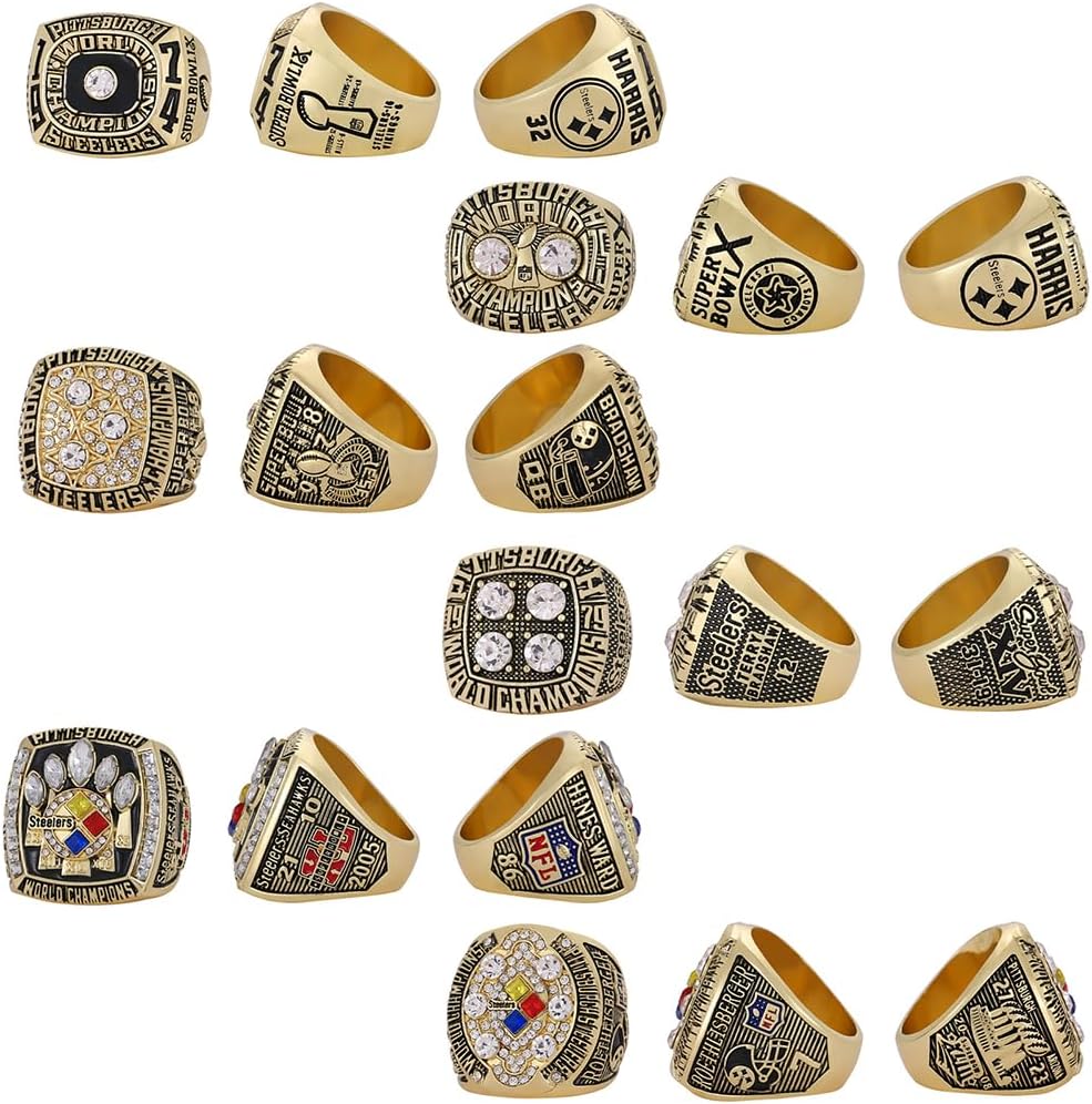 GIFT SET PITTSBURGH RUGBY 1974 1975 1978 1979 2005 2008 6-TIMES WORLD CHAMPIONSHIP RING, 6 RINGS SET WITH 6-HOLE WOODEN DISPLAY BOX PACKAGING, HOLIDAY GIFT FOR BASEBALL FANS