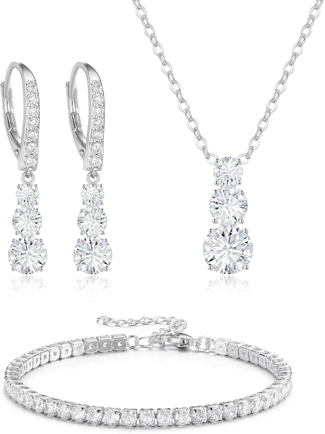 Crysdue Cubic Zirconia Jewelry Set for Women Bridesmaid, Classic Round Cut Drop Lightweight Lever Back Earrings Pendant Necklace Tennis Bracelet for Wedding Prom Party