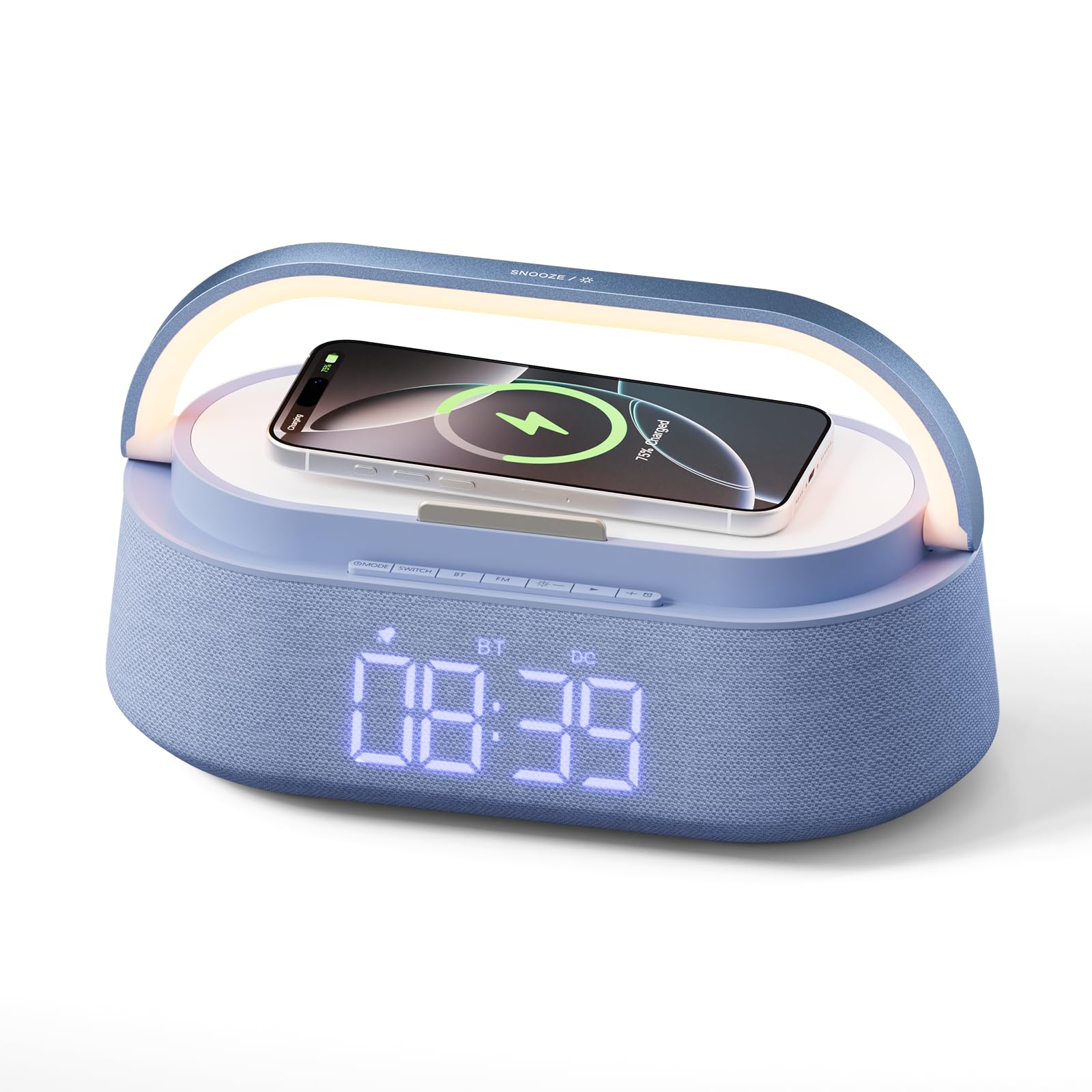 FREEFISH Altavoz Bluetooth con cargador inalámbrico, radio FM, luz nocturna LED ajustable, carga inalámbrica de 15 W para iPhone, altavoces duales de 10 W, batería de 2500 mAh, Bluetooth 5.0