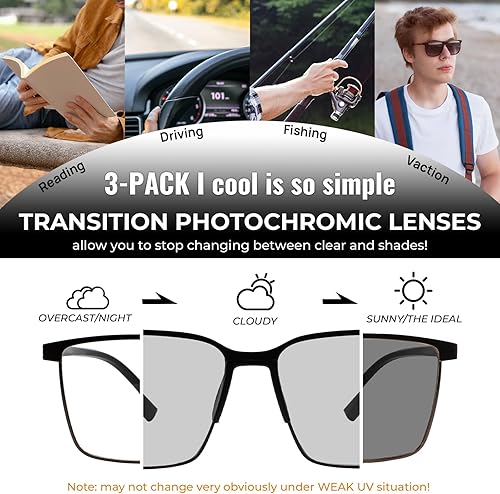 Miniatura 3 de MARE AZZURO Paquete de 3 lentes de sol fotocromáticos para hombre, a la moda, bloqueo de luz azul, lentes de sol geniales, protección UV400