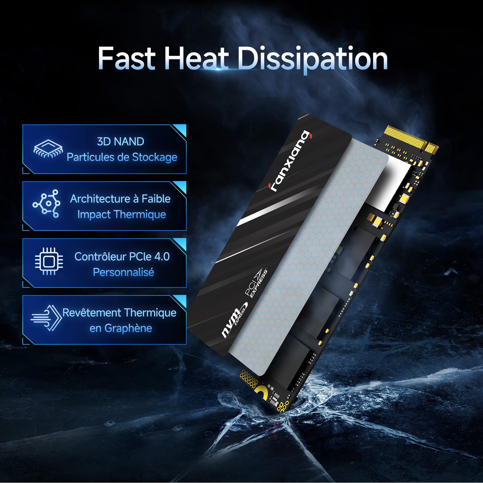 fanxiang SSD 500Go PCIe 4X4 NVMe M.2 3D NAND - Disque SSD Interne jusqu'à 4300Mo/s Solid State Drive Disque Dur Interne SSD pour Les Gamers et Professionnels - S690Q