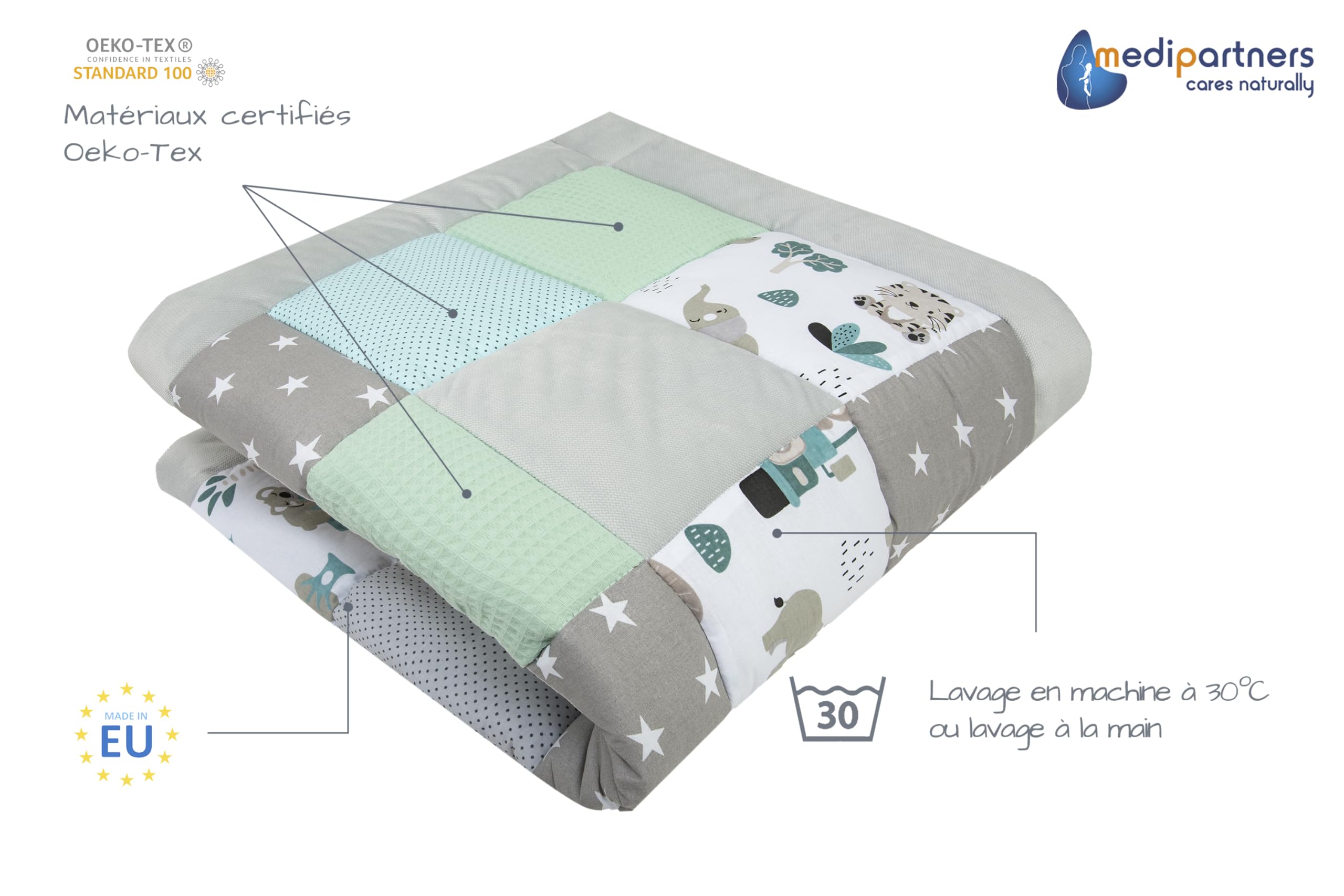 Medi Partners Tapis d'éveil Bebe de sol Motricité bébé parc Enfant jeux 120x120cm - 100% Coton Couverture Naissance pliable Multifonctionnel Mat Épais Doux Eveil Oeko-Tex (Zoo de la menthe) - 2