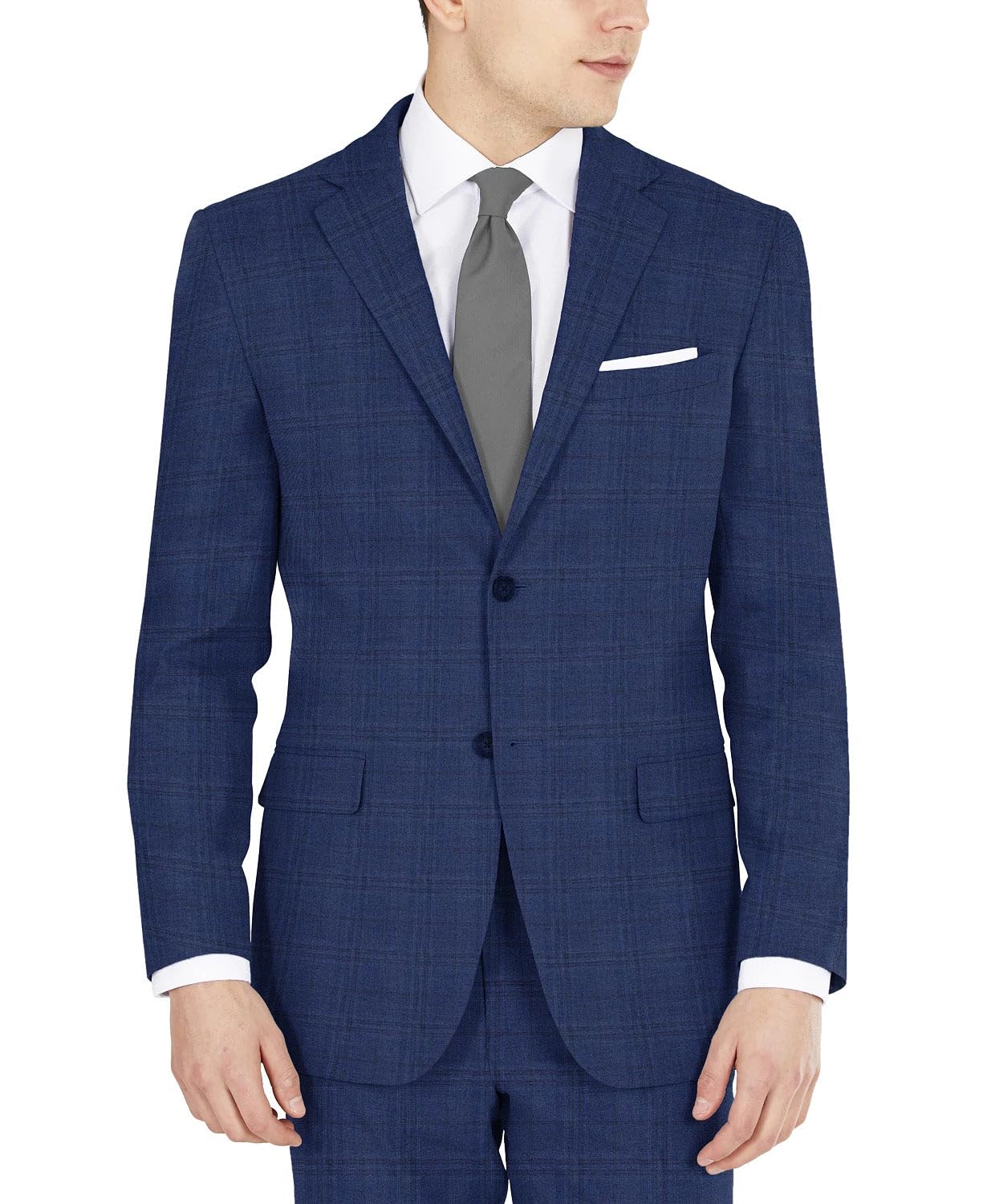 DKNY Herren Business-Anzug Jacke, Blau kariert, 48