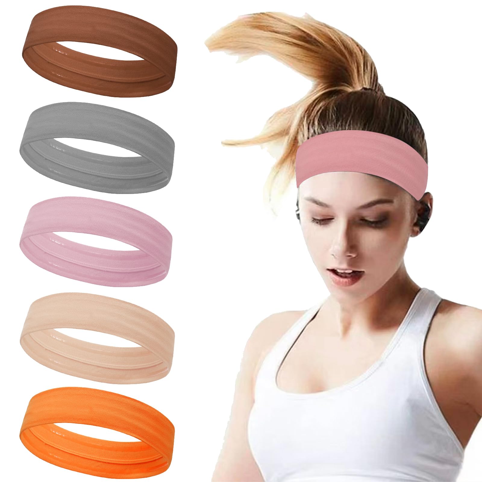 ONEYE Workout Headbands for Women Non Slip,Sports Sweatband Elastic,5PCS