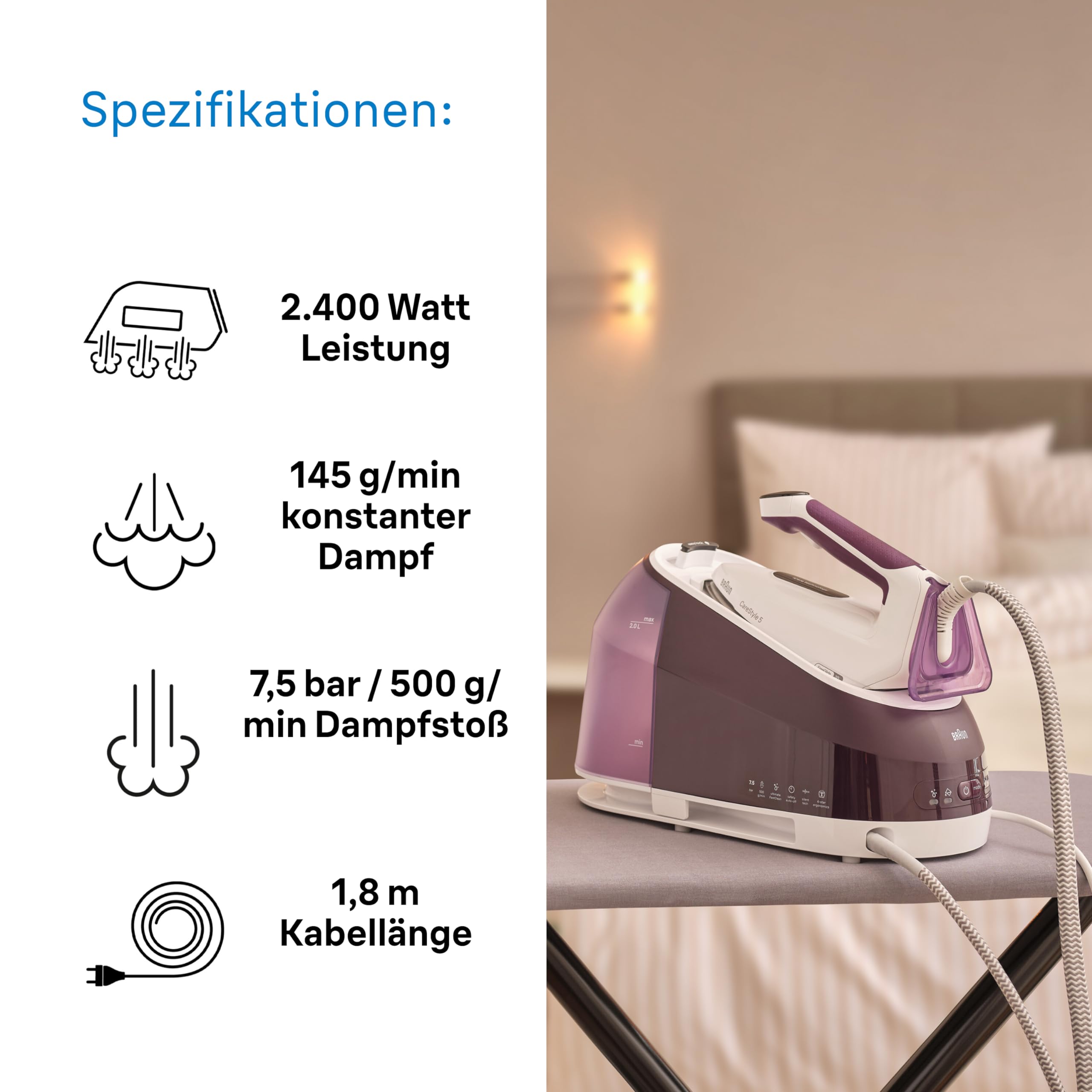 Braun CareStyle 5 IS5247VI Dampfbügeleisen mit FreeGlide-Technologie 3D, 145 g/min Dampf, schnelles Aufheizen, iCare-Modus, vertikales Bügeln, abnehmbarer 2-L-Tank, 2400 W, Violett