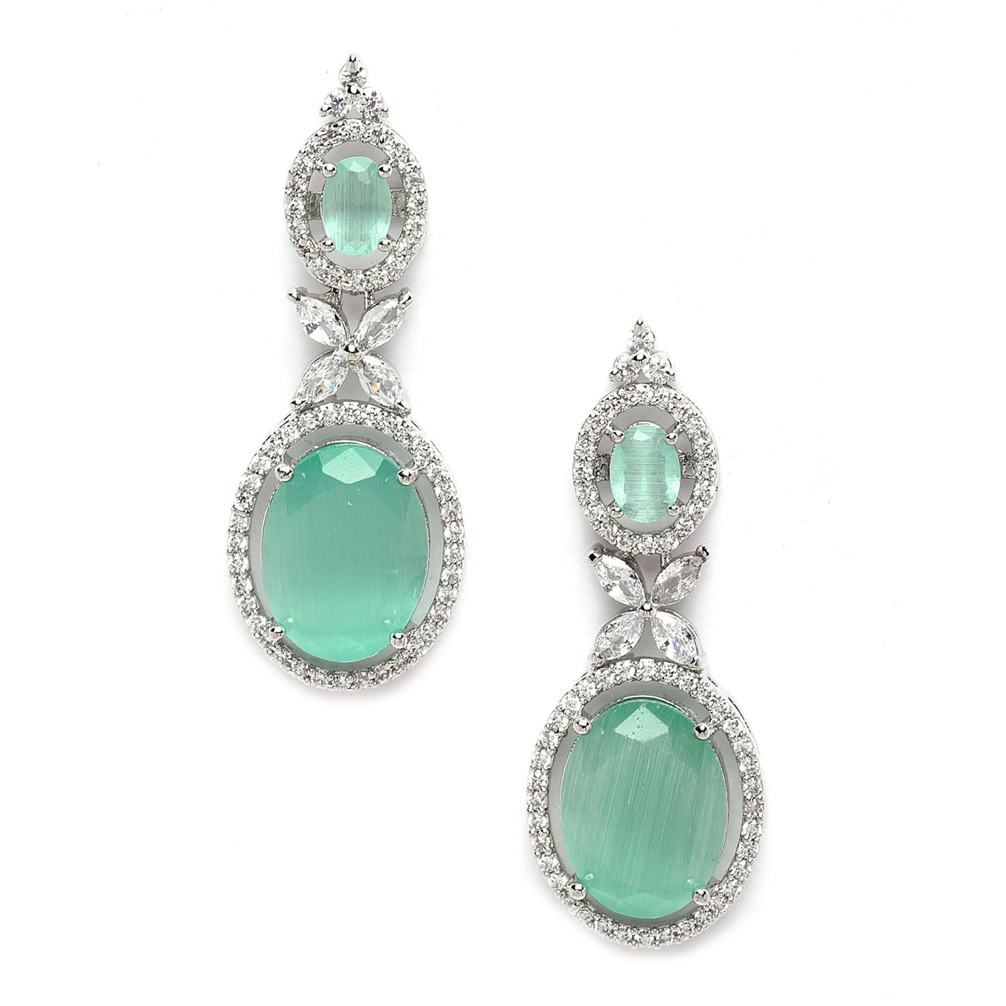Rhodium-Plated Silver-Toned Sea Green American Diamond Oval Drop Earrings for Women & Girls Earring Jewellery-image-25