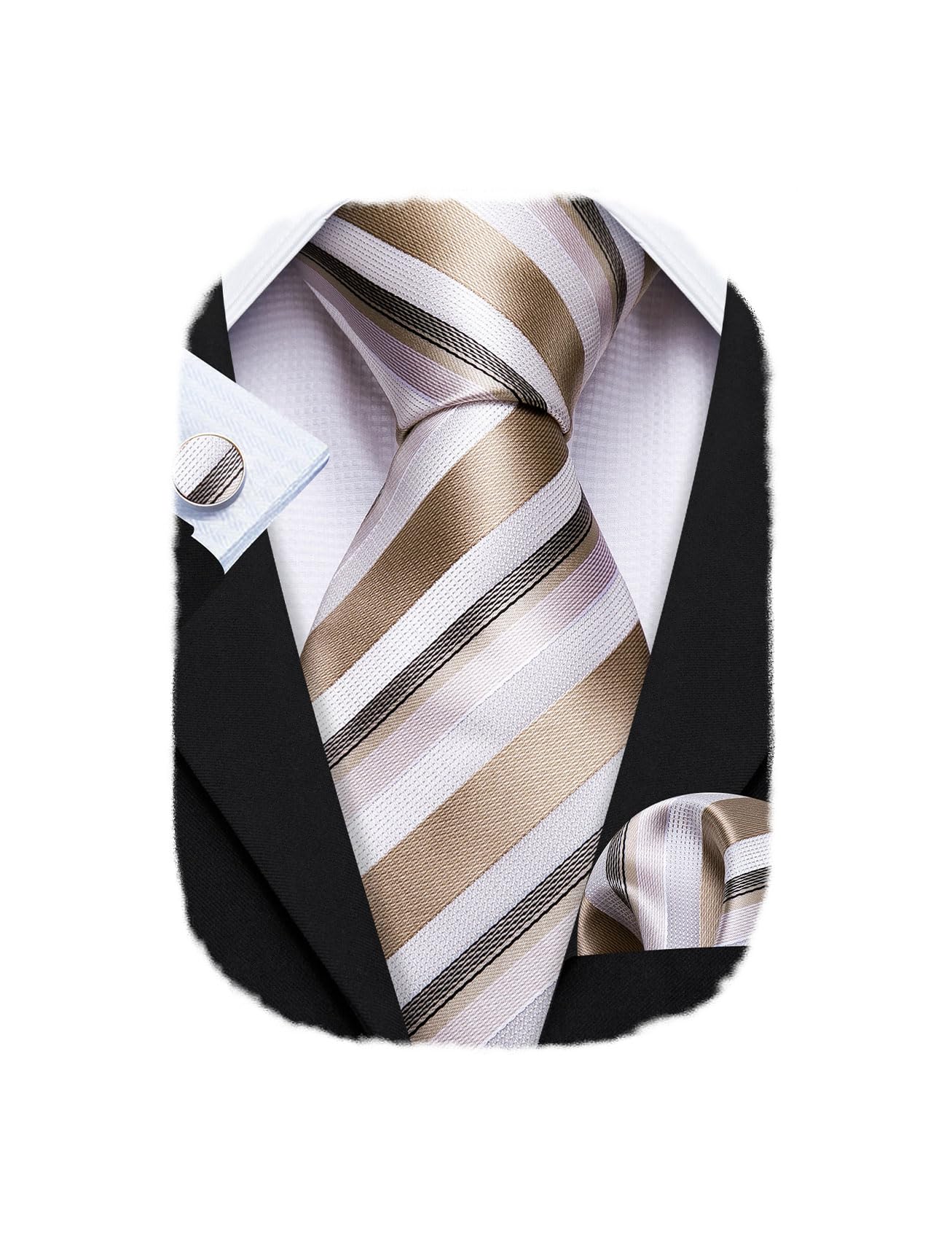 Barry.Wang Man Stripe Ties Set Silk Woven Pocket Square - Neckties | Mubboo
