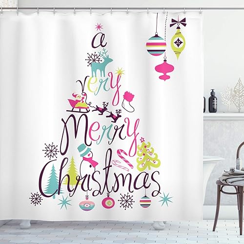 Ambesonne Cortina de ducha de Navidad, estilo retro, palabras de deseos de Navidad con forma de árbol con adornos, juego de decoración de baño de