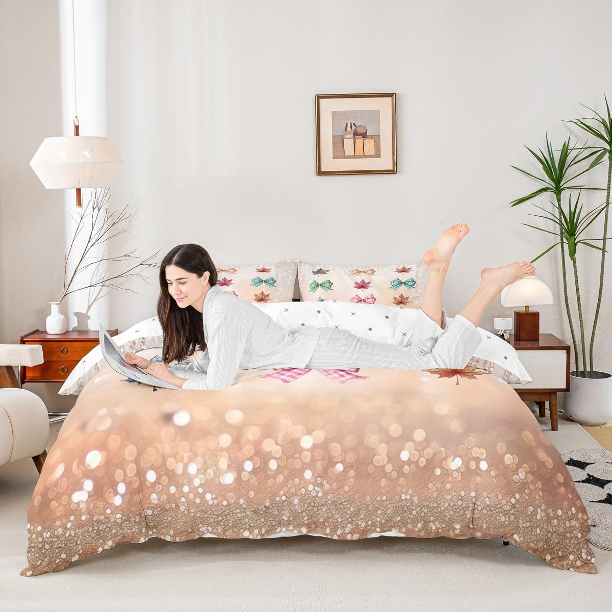Homewish Jesienne żniwa król poszewka na kołdrę kolorowa kratka kokarda poszewka na kołdrę Święto Dziękczynienia liść klonu zestaw pościeli brokat kokarda zestaw pościeli