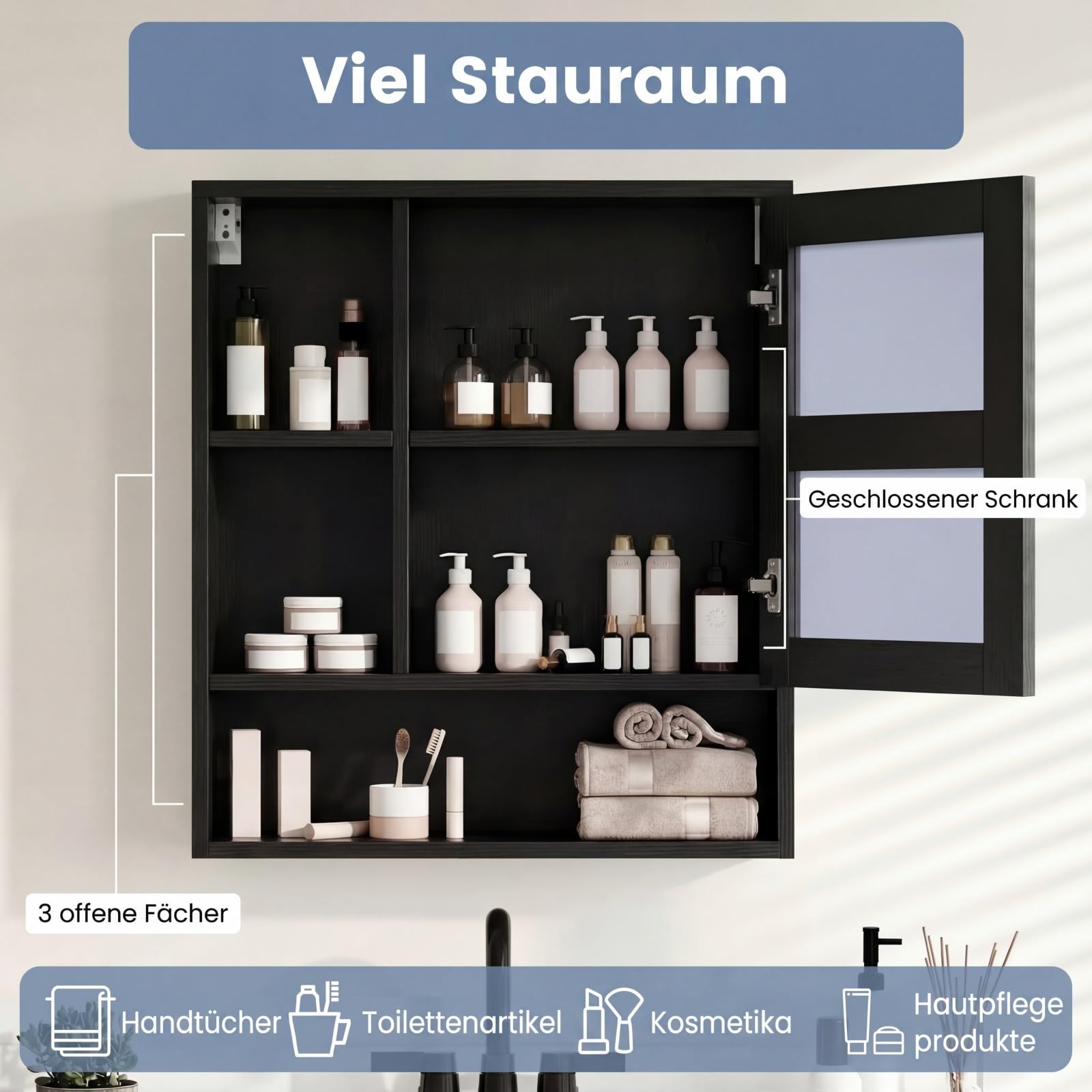 COSTWAY Spiegelschrank, Badezimmerschrank mit Spiegeltür & 3 offenen Regalen, Hängeschrank, Aufbewahrungsschrank, Wandschrank für Waschküche, Badzimmer & Flur, 56 x 16 x 61 cm (Schwarz)