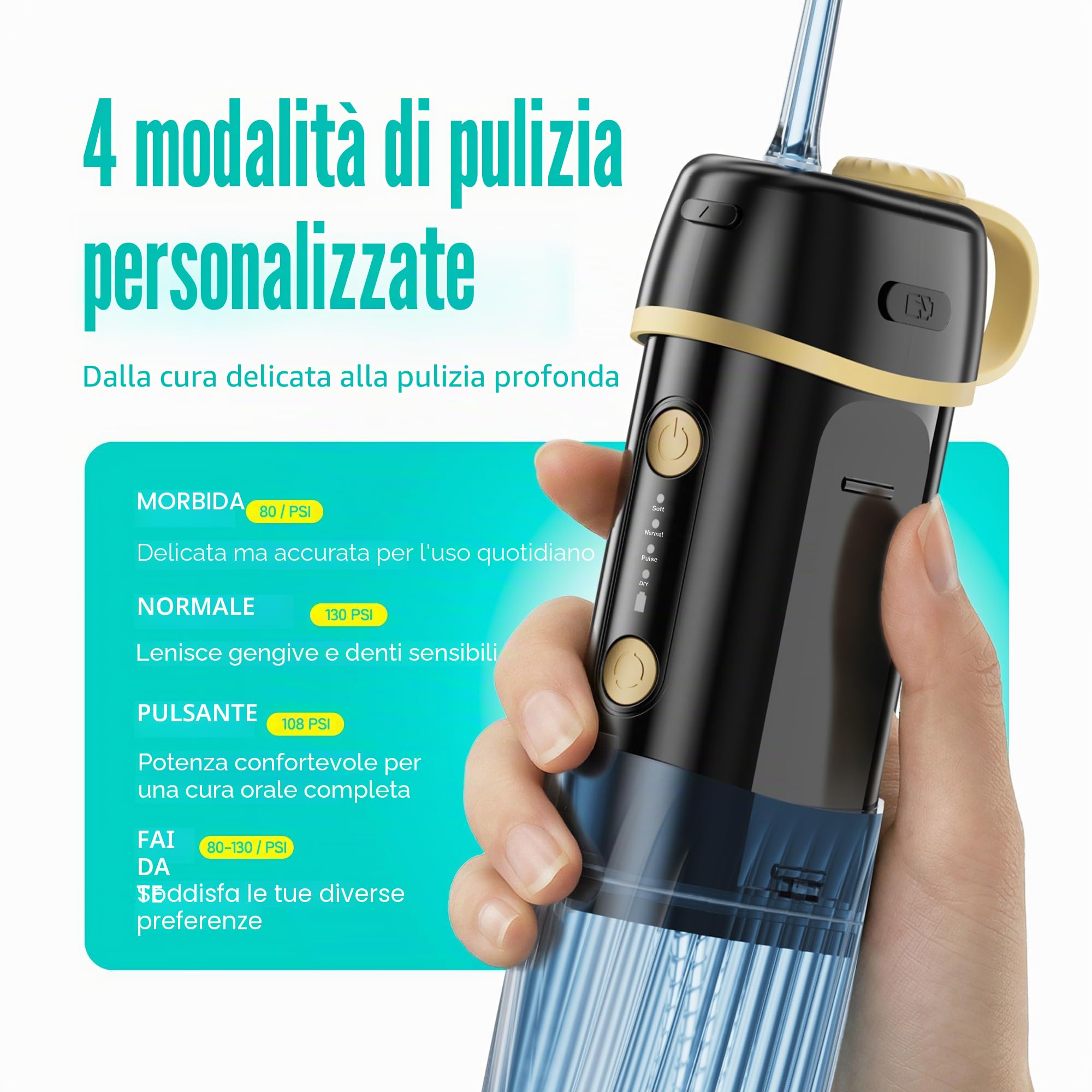 Runstar Dentale Portatile Denti, serbatoio portatile da 160 ml, quattro modalità (DIY/standard/pulso/morbido) - rimuove il 99% della placca dentale, adatto per chi porta l'apparecchio e per i viaggi.