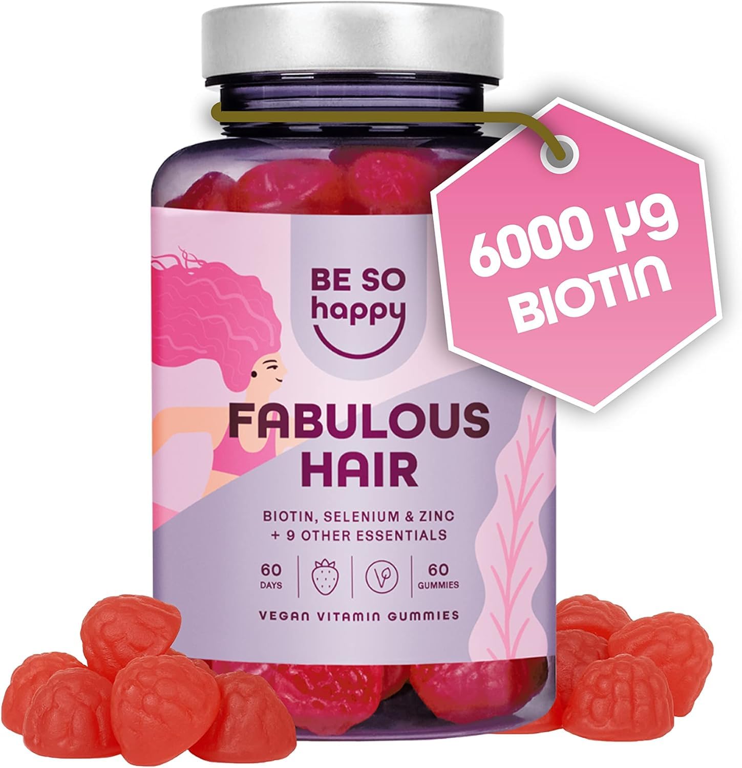 Multivitamin gummies for Hair Growth with Selenium, Zinc, B12 Vitamin, Retinol + Vitamins B6, C, D, E | 60 gummies | Strawberry flavor | Vegan