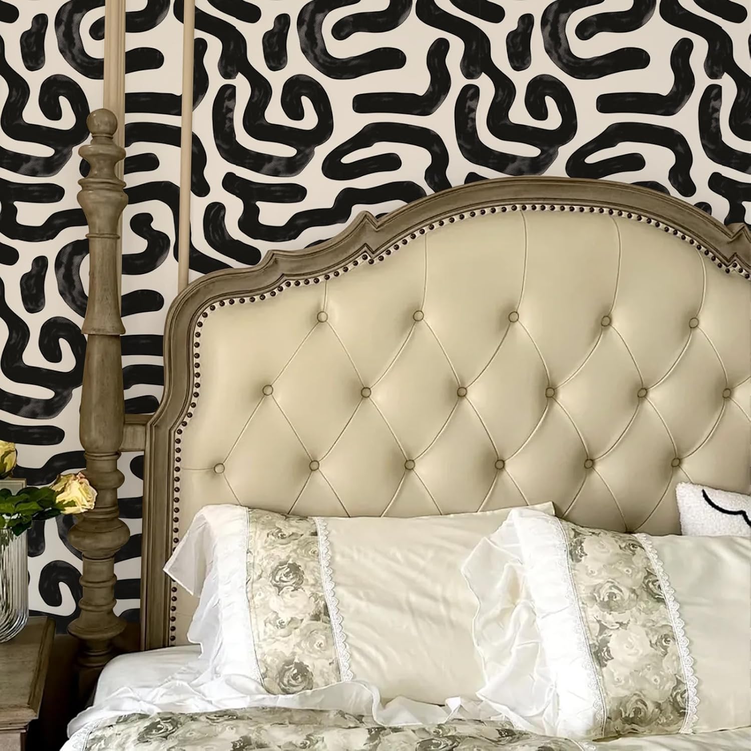 Black and White Waves Peel and Stick Hand-Drawn Bedroom Wall Dot Contact Paper for Cabinets Nursery Wall Decor for Baby Boys Vinyl Removable 17.71"X236.2"