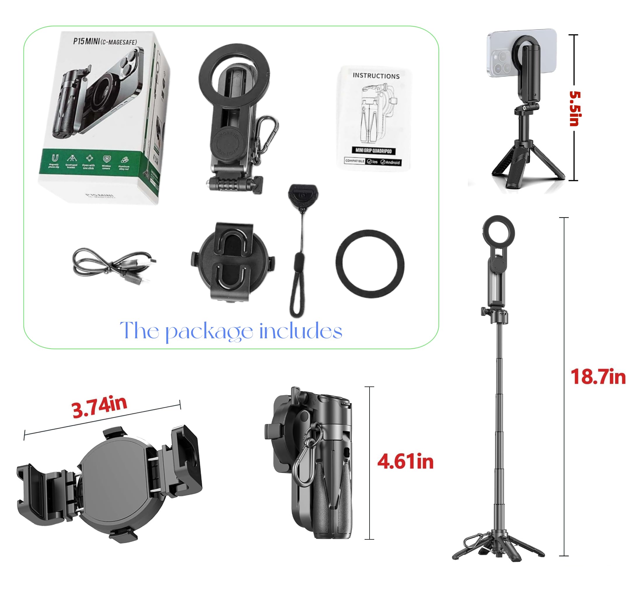Bastone per selfie magnetico multifunzione 4 in 1, rotazione a 360°, per iPhone/Android, treppiede portatile estensibile con telecomando staccabile, supporto universale per telefono e anello in