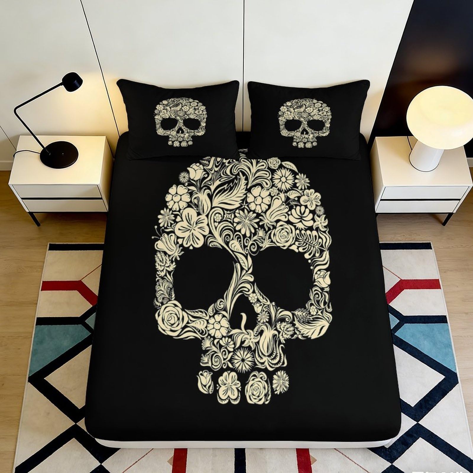 Jqzkxnhpbr Style-5 3D Printed Skull Art Fitted Sheet Microfiber Soft Black Skeleton Bed Cover For Bedroom Guest Room Dorm Decor 90X200x25cm