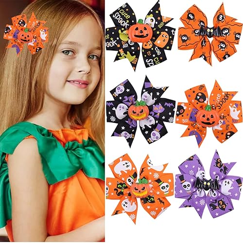6 lazos para el cabello de Halloween, horquillas para el cabello, calabazas y murciélagos para boutique, clip de cinta de grogrén, pasador para el