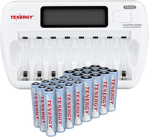 Tenergy TN162 - Cargador de batería inteligente LCD de 8 bahías con 24 pilas recargables AA y AA, 12 pilas recargables AA y 12 pilas recargables AAA