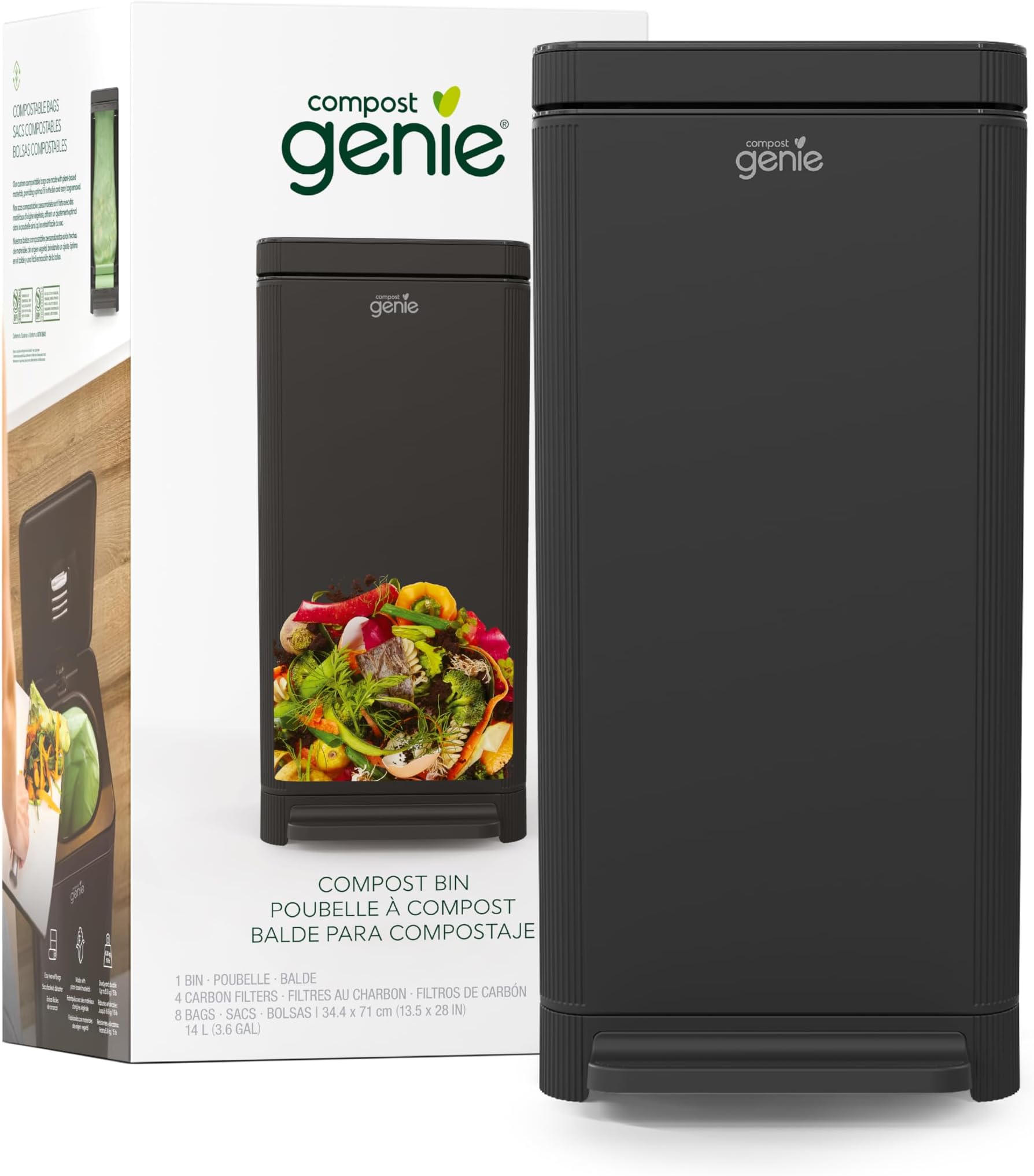 Kitchen Compost Bin, Black Stainless-Steel Large, 3.6 Gallon, Indoor Odorless Composting, Hands-Free, Washable Parts, Includes 8 Tear-Off Compostable Bags and 4 Carbon Filters