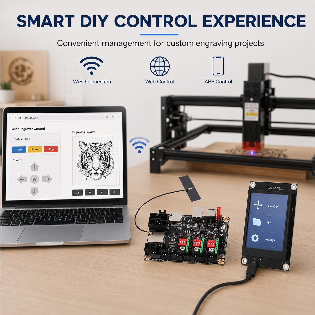 Płyta sterująca do drukarki 3D, 12-24VDC MKS DLC32 V2.1 32-bitowa maszyna do grawerowania płyta główna z WIFI 6.0 cm TS24 R V2.1, płytki prototypowania płytek drukowanych