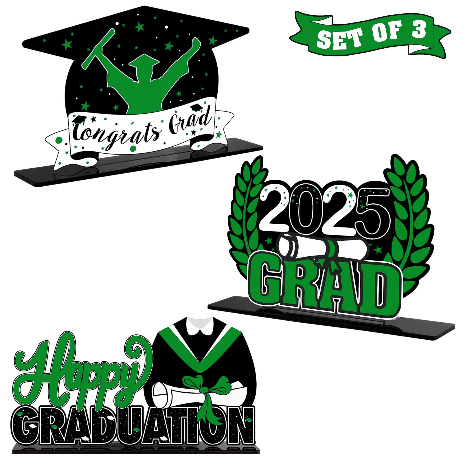 LINGTEER Class of 2025 Graduation Party Decorations - 3Pcs Congrats Grad 2025 School Graduation Acrylic Table Centerpieces Gift Stand Decorations - Green.