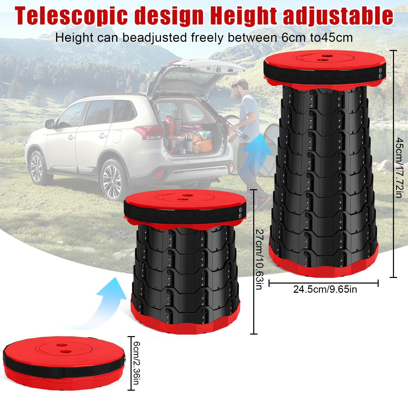 Sgabello Pieghevole Portatile, Sgabello Telescopico, Sgabello da Campeggio Leggero, Altezza Regolabile, Ideale per Campeggio, Giardino, Escursionismo, Pesca, Capacità di Carico 180 kg (Rosso, 1)