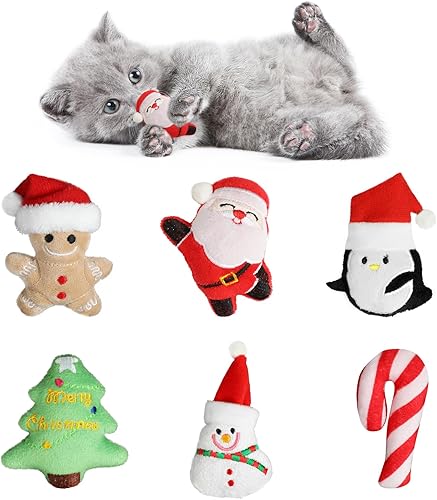 FOIMAS 6 juguetes de Navidad con hierba gatera, juguetes de Navidad para gatos de peluche, Papá Noel, muñeco de nieve, árbol interactivo,