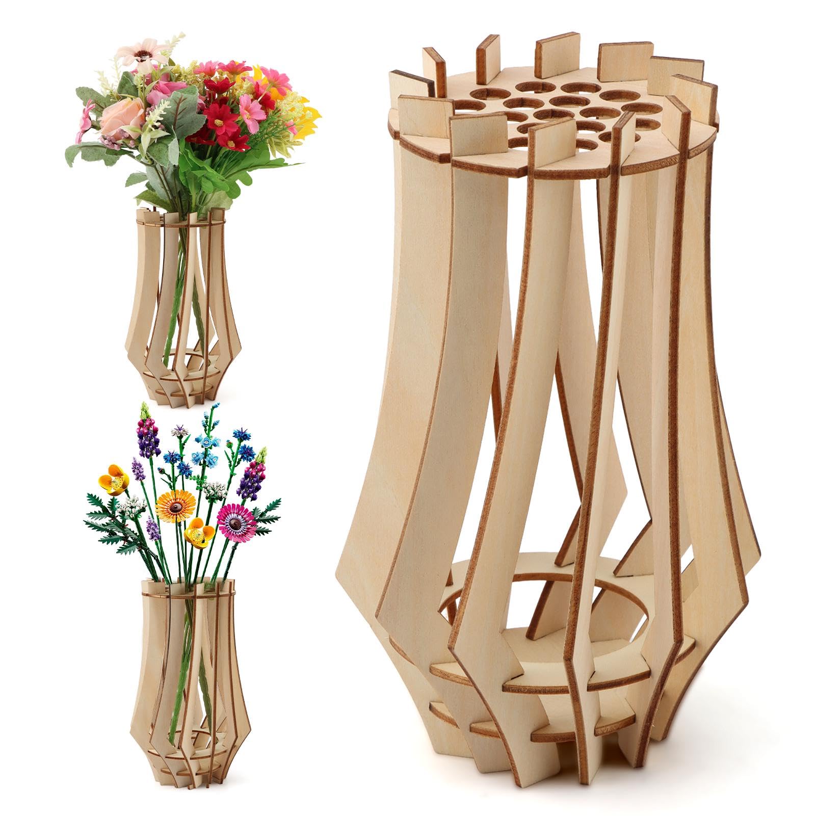 Wooden Vase for Flowers, Wooden Puzzle Flower Vase for Flower Bouquet Building Set, Display Stand for Roses Cherry Blossom Sunflower Tulips Daffodils