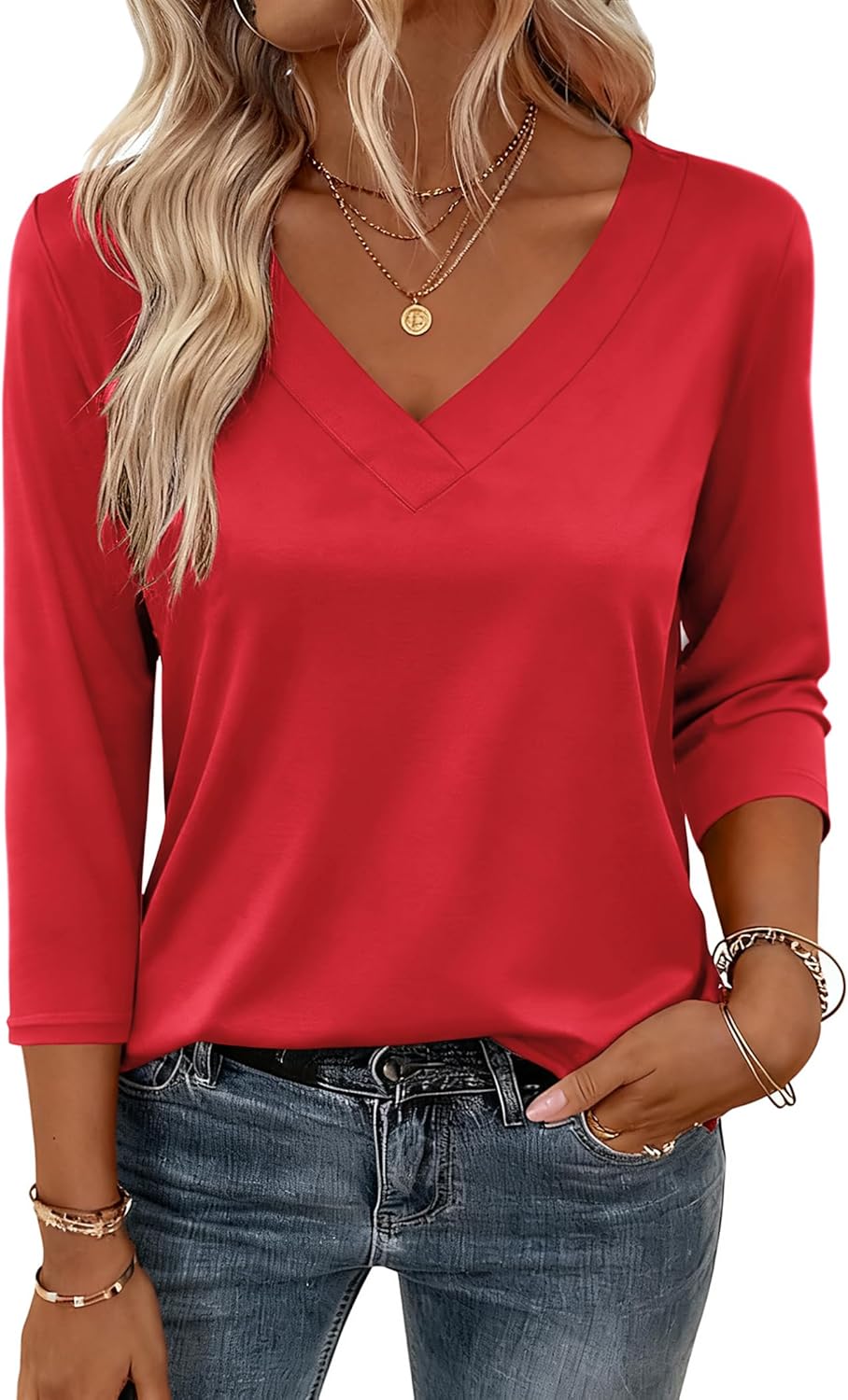 Zeagoo 3/4 Length Sleeve Womens Tops V Neck Shirt Dressy Casual Blouse Basic Tshirts 2026 Fashion Clothing S-2XL