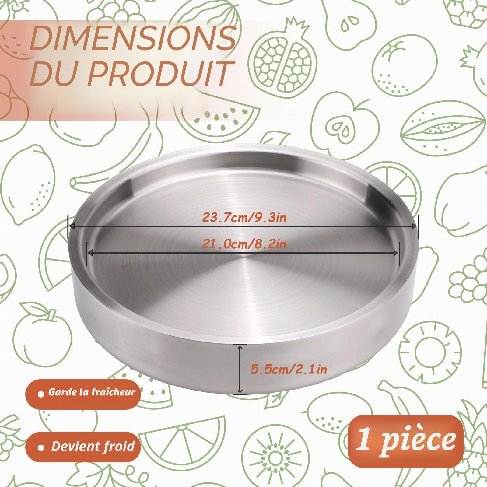 Plateau de service réfrigéré en acier inoxydable 304 de 23,6 cm, pour apéritif et crevettes avec glace en dessous, plateau de fête glacé pour buffet alimentaire (argenté)