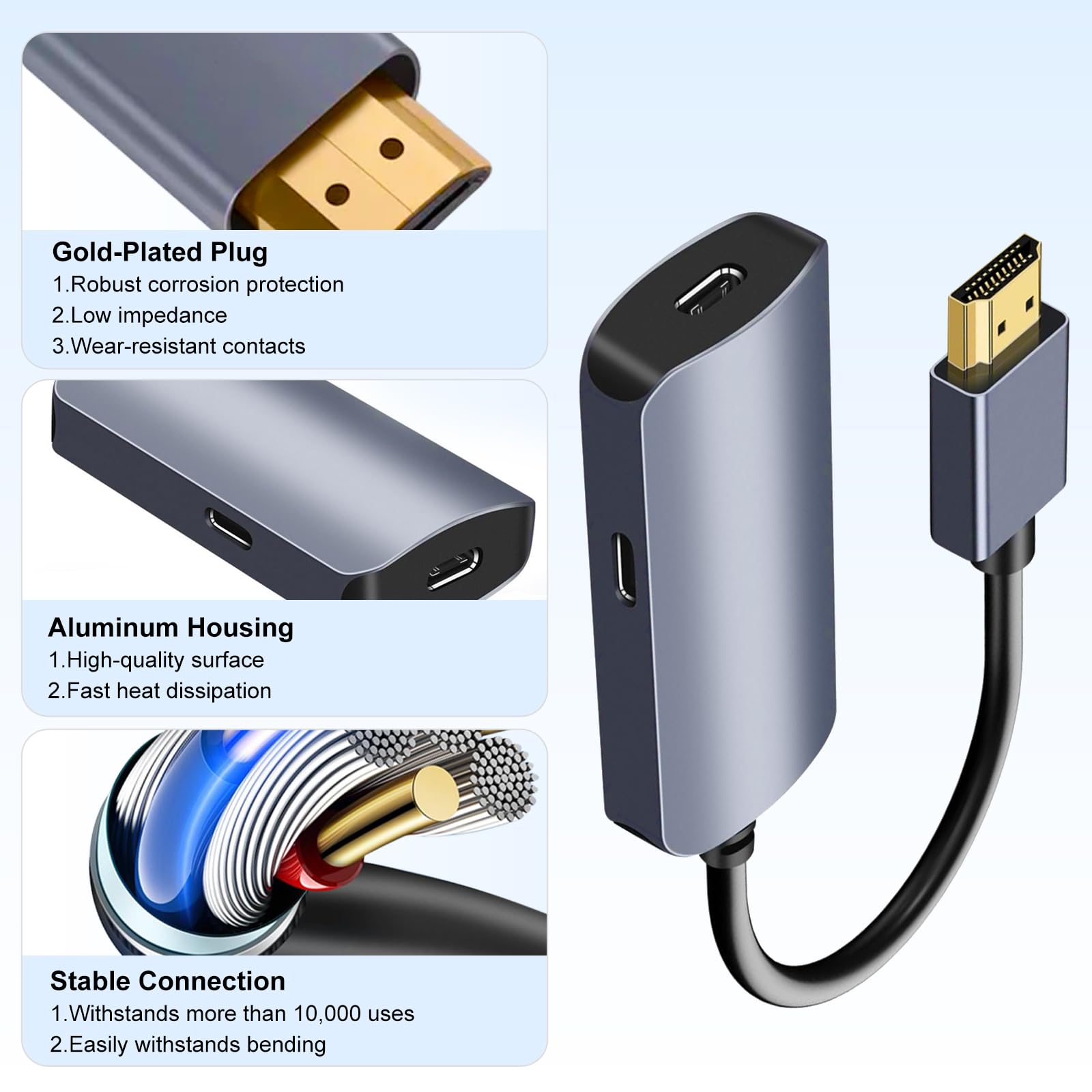 Adaptateur HDMI vers USB C 4K @ 60 Hz, convertisseur HDMI vers USB-C actif avec puce LT6711A, boîtier en aluminium, Plug & Play pour moniteur, projecteur, écran AR, systèmes Windows