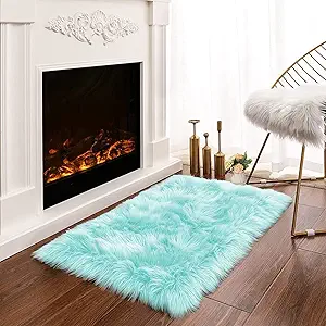 Latepis Light Blue Small Fluffy Rugs 2x3 Teal Faux Sheepskin Fur Rug for Bedroom Cute Throw Plush Rug for Cushion Chair Furry Rugs for Home Décor