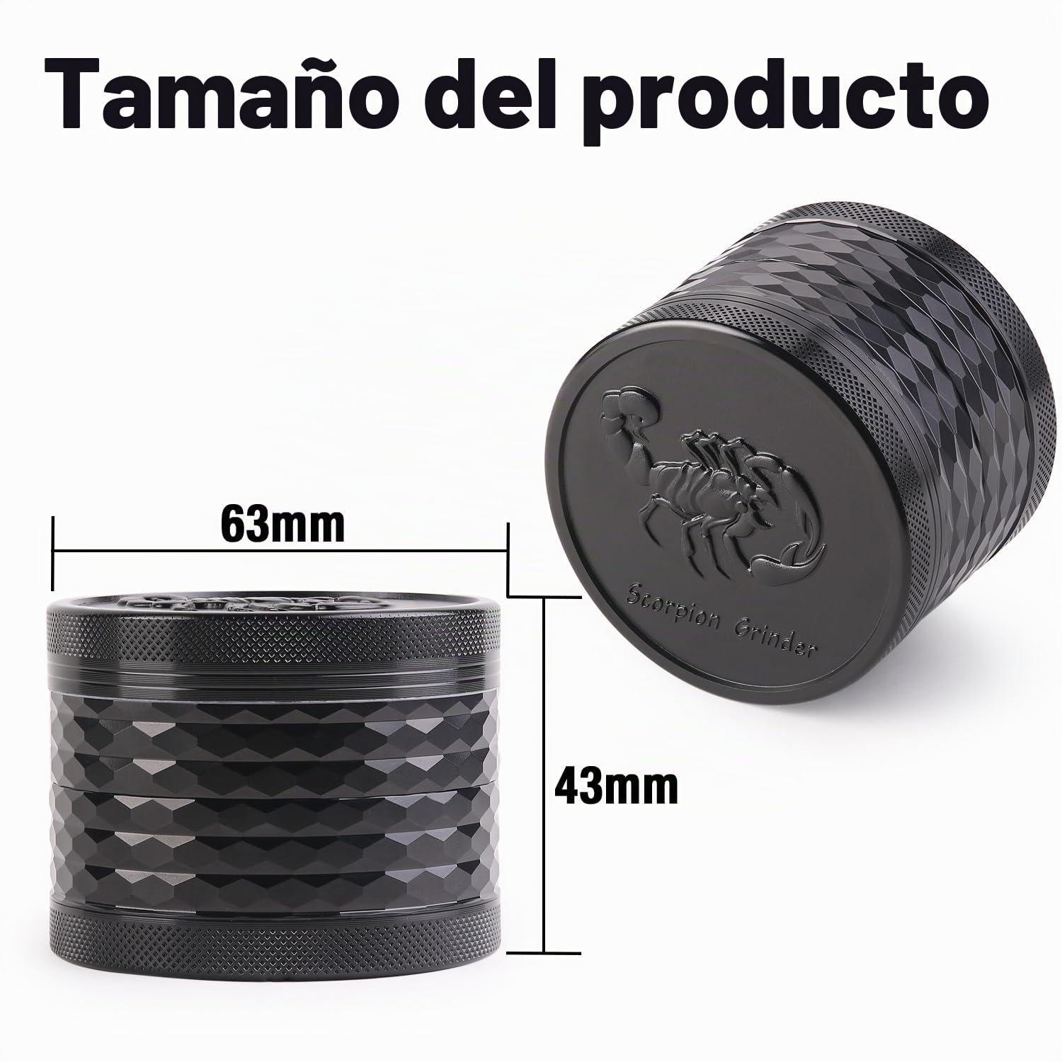 Herb Grinder, Molinillo de hierbas Premium de aluminio de 2.5 pulgadas（63mm) con escorpión grabados, 4 piezas, molinillo grande con raspador de polen (Negro)