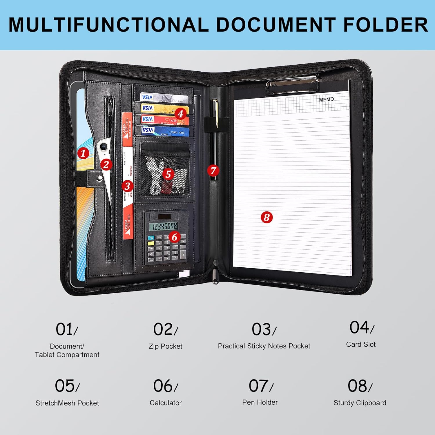 Eshow Leather Portfolio Professional Business Padfolio with Zipper - Interview Resume Notefolio Premium Legal Document Organizer with Card Holder, Writing Pad and File Folders for Men and Women - Image 3