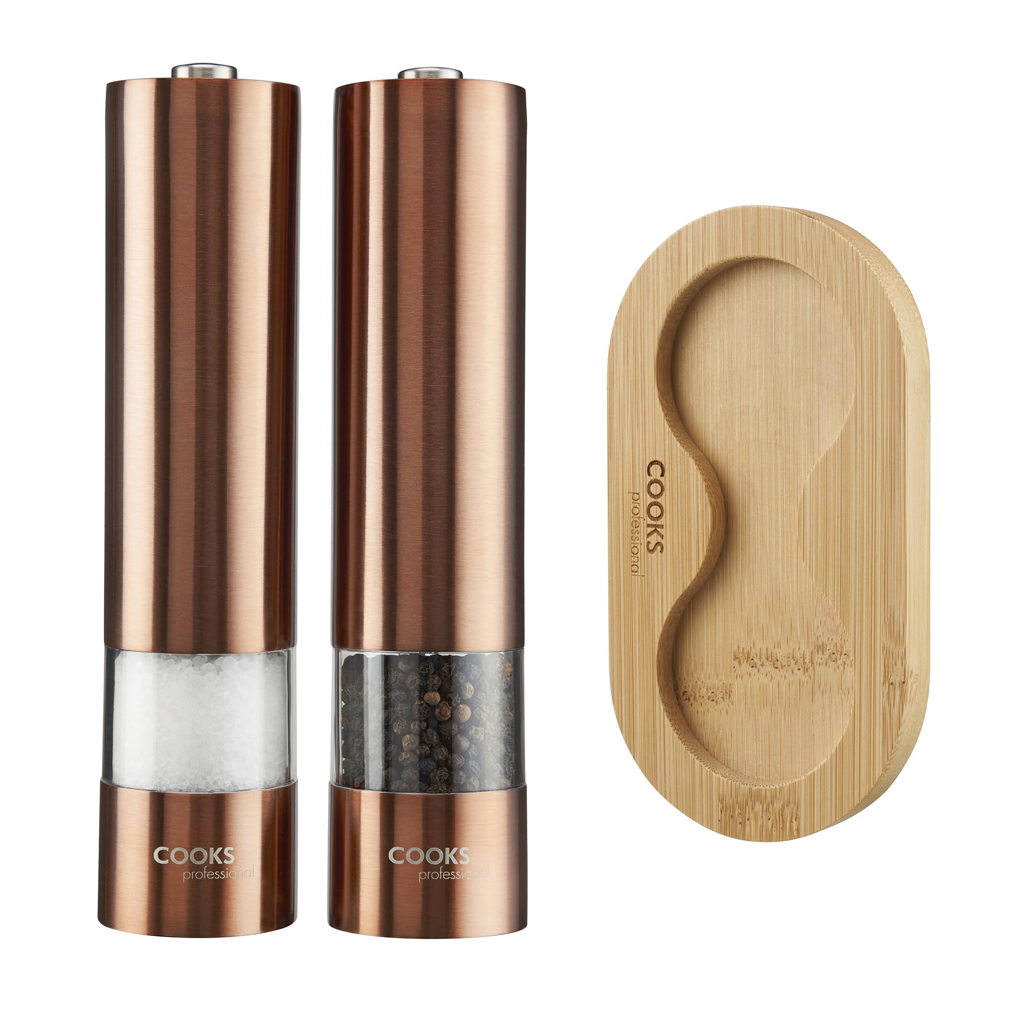 Cooks Professional Electric Salt and Pepper Mill Set with Bamboo Base | Battery Operated Automatic Grinders with Adjustable Grinding & One Touch Operation | Condiment Grinder & Stand | Copper — image 1