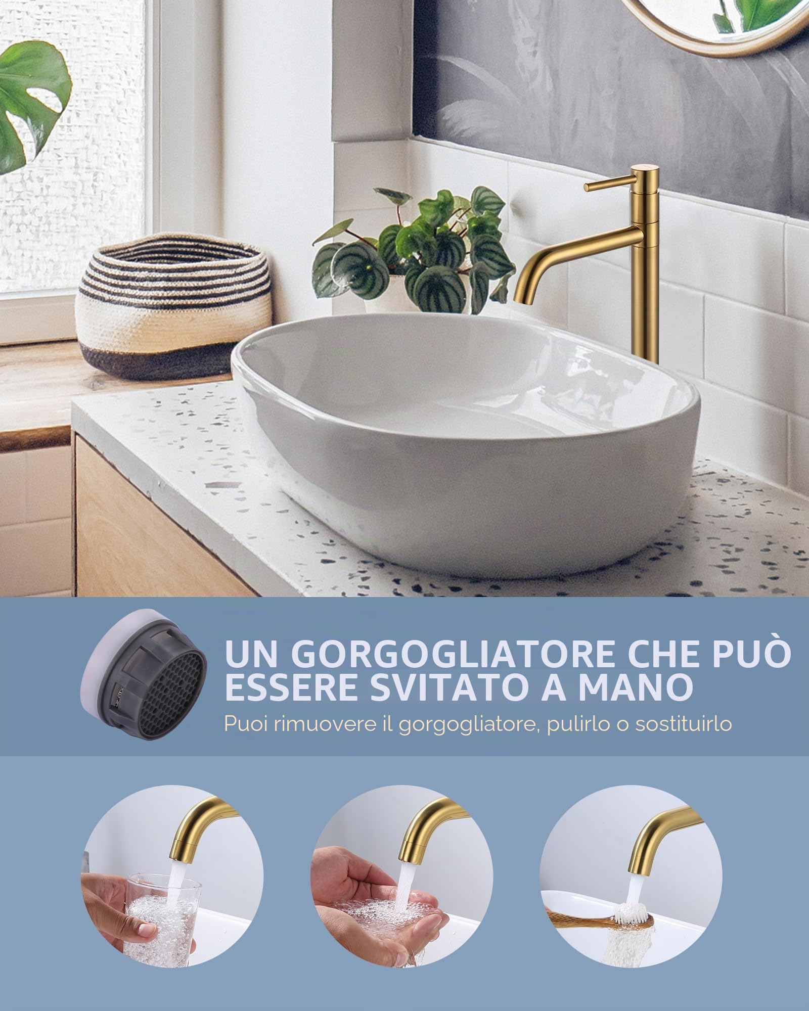 ARCORA Rubinetto Lavabo Alto, Miscelatore Monocomando Alto, Girevole 360°, Cartuccia Ceramica, Ottone Massiccio Acciaio Inox, Regolazione Fluida della Temperatura, per Lavabo da Bagno, Dorato