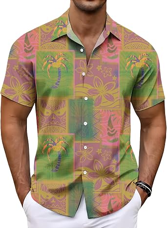 Mens Funny Hawaiian T-Shirts Retro Button Down Short Sleeve Top Summer Beach Aloha Holiday Theme Party Tee