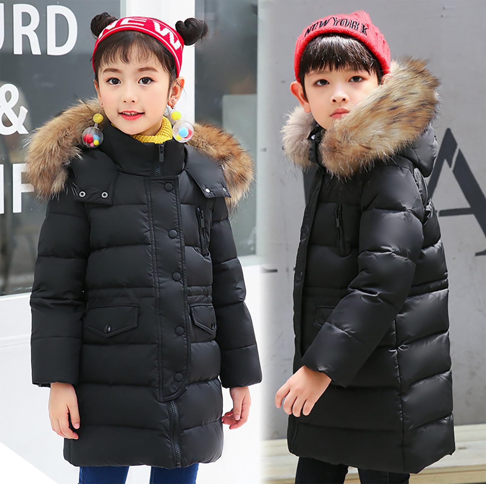 Cappotto per bambini e ragazze, parka, giacca a piumino, lunga e spessa, con cappuccio, pelliccia calda, invernale, per 2-13 anni