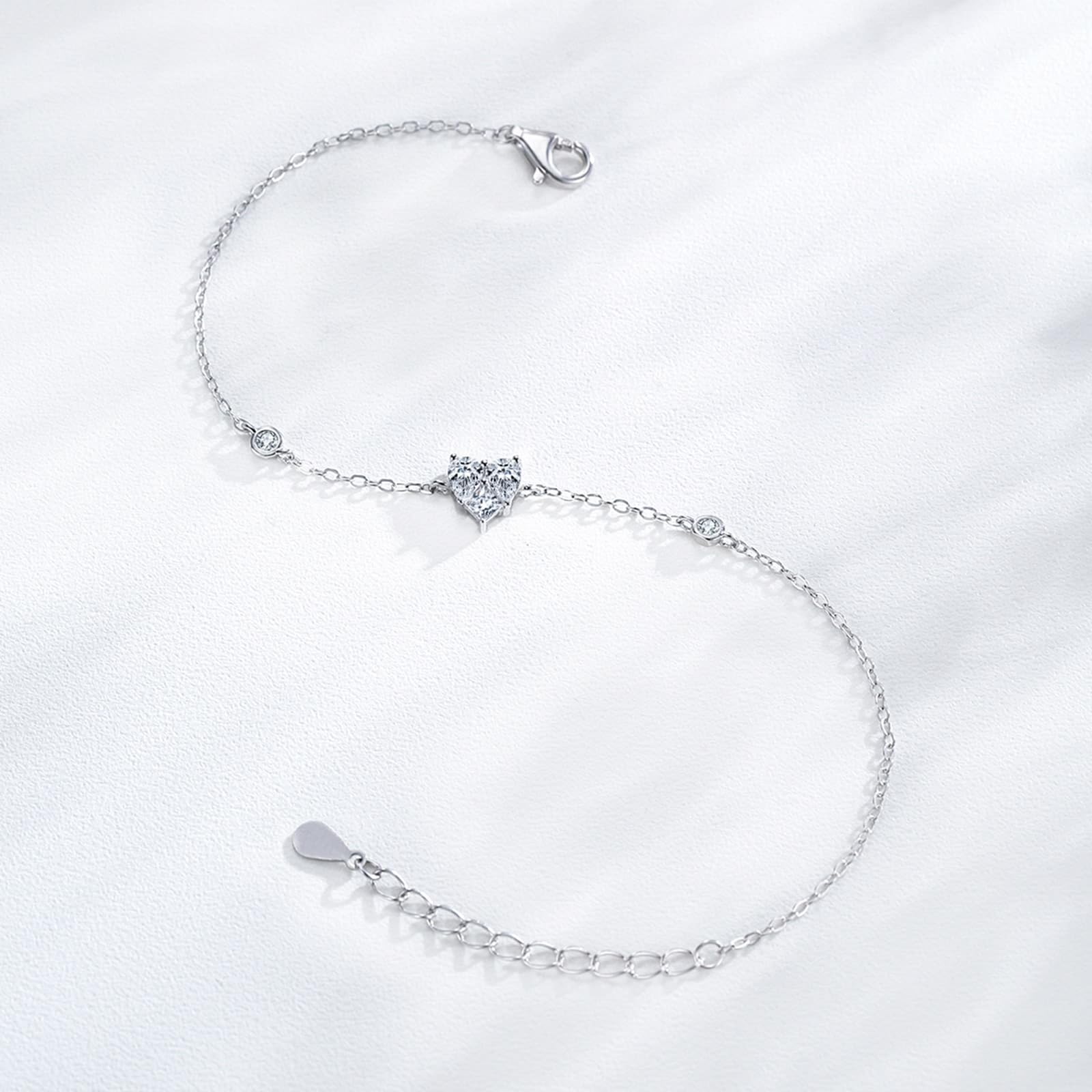 Au 375/585/750 Bracelet pour femme en or blanc véritable, classique cœur pour femme avec cœur créé en laboratoire Diamant coupe goutte, Bracelets en or blanc 9 K/14 K/18 K