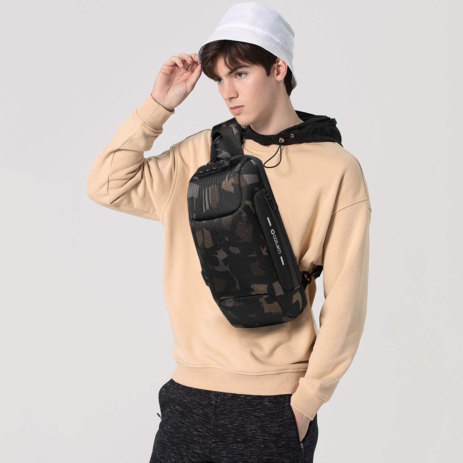 FANDARE New Men Sling Bag Anti-theft Crossbody Bag Chest Pack with Password Lock,USB, Reflective Stripe Shoulder Bag for Cycling Camping Riding Hiking Waterproof Polyester Camo