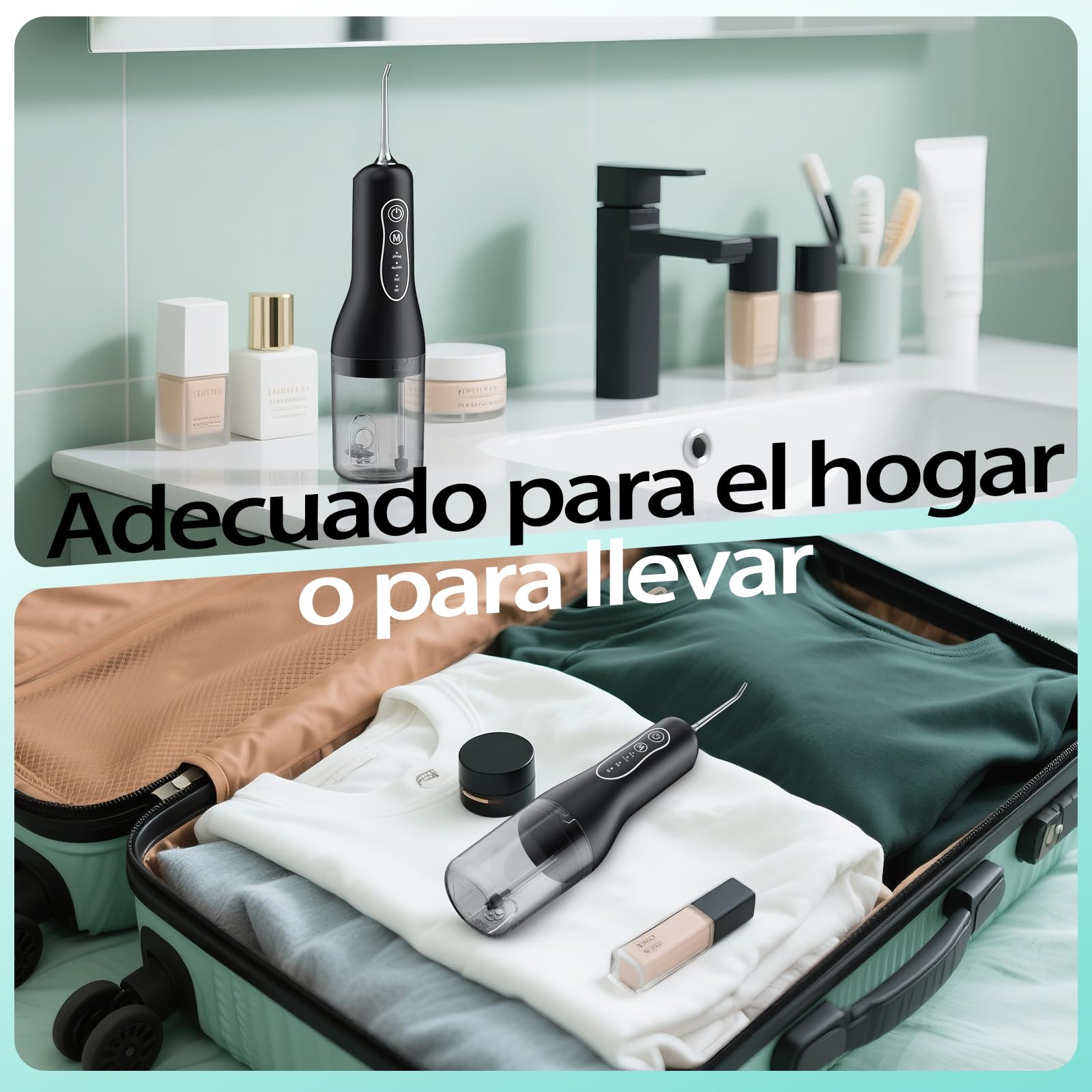 Irrigador Bucal Portatil, OasiSmile Irrigador Dental Eléctrico con Memoria Inteligente, 4 Modos y 5 Boquillas, IPX7 Impermeable 260ML USB-C Recargable Limpiador Interdental, Casa y de Viaje