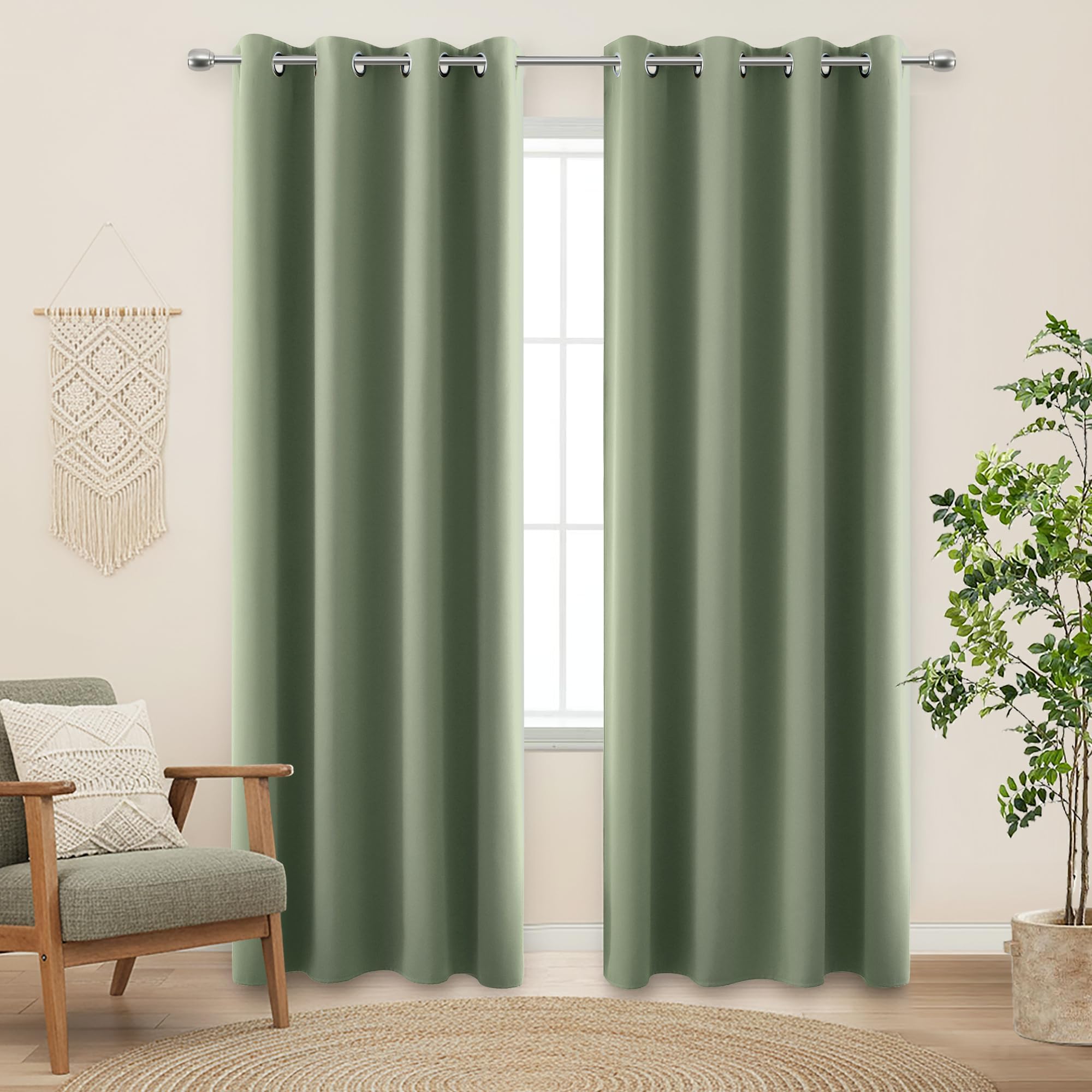 Sage Green Blackout Window Curtains for Bedroom 84 Inches Long Black Out Room Darkening Grommet Thermal Insulated Boho Cottagecore Cottage Core Curtain Drapes 84 Inch Length 2 Panels Set