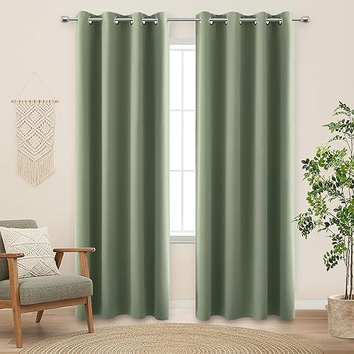 KOUFALL Sage Green Blackout Window Curtains for Bedroom 84 Inches Long Black Out Room Darkening Grommet Thermal Insulated Boho Cottagecore Cottage Core Curtain Drapes 84 Inch Length 2 Panels Set