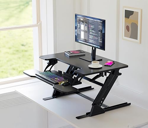 Miniatura 2 de Convertidor de escritorio de pie de 32 x 24 pulgadas, altura ajustable, elevador de sentado a pie con bandeja para teclado, estación de trabajo