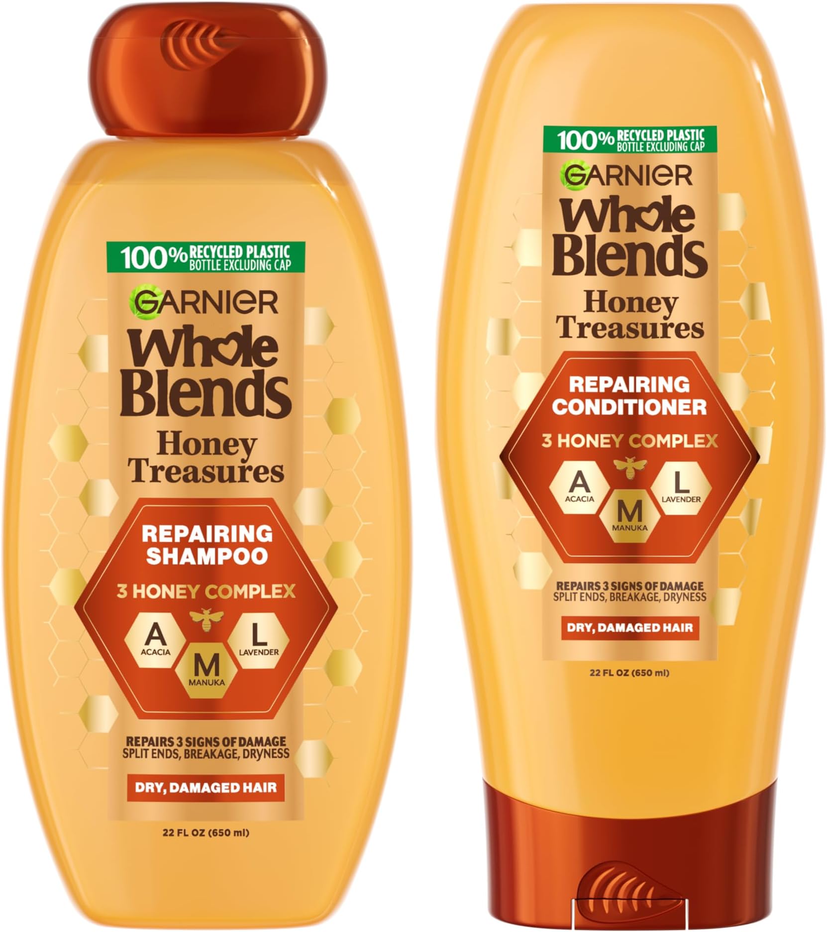 Garnier Whole Blends Honey Treasures Repairing Shampoo and Conditioner Set for Dry, Damaged Hair, 22 Fl Oz (2 Items), 1 Kit (Packaging May Vary)