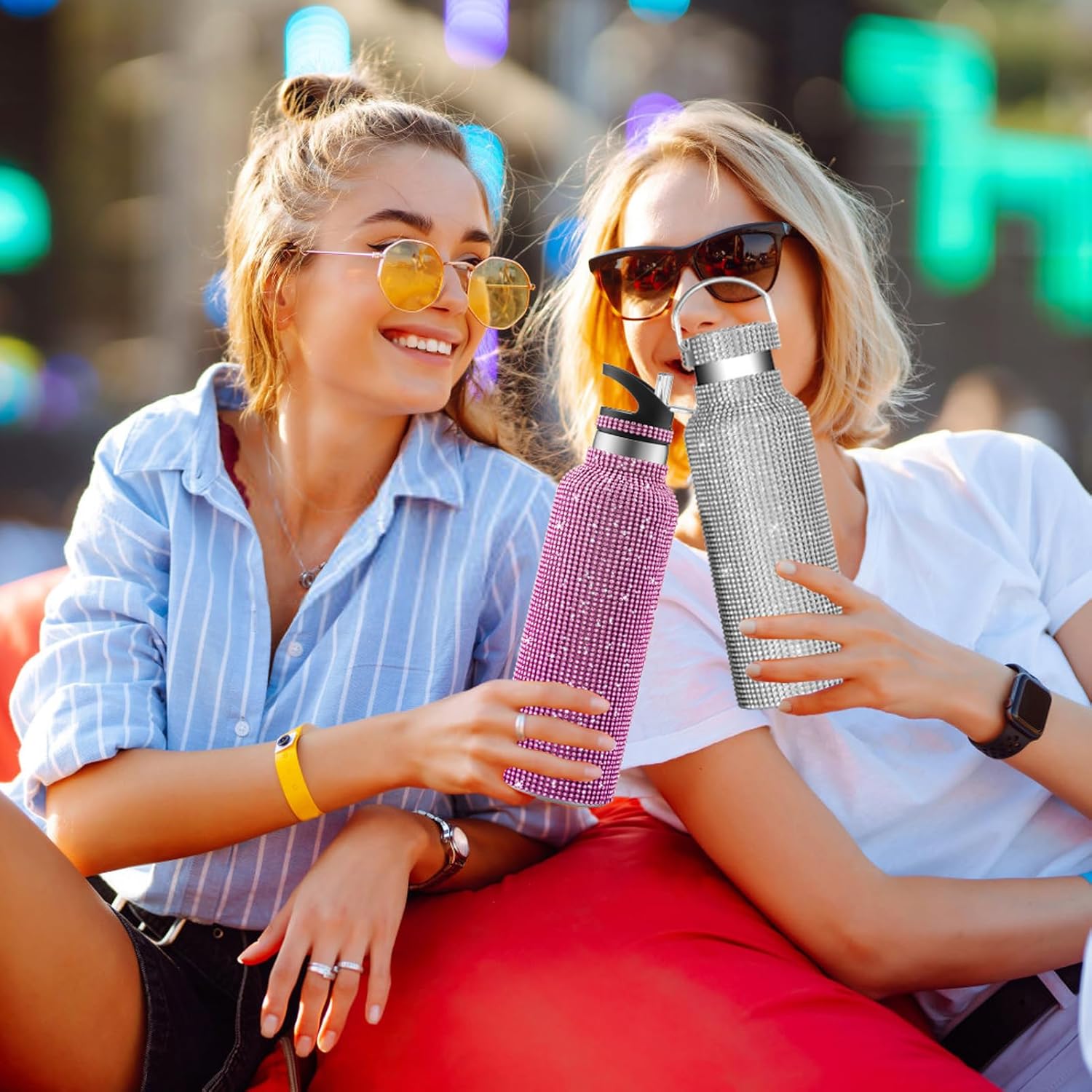 Bling Water Bottle Rhinestone,Diamond Water Bottle,glitter Cup pink,bling gifts for women,Bling Tumblers with 2 Style lids and 55in Chain (Pink) - Image 7