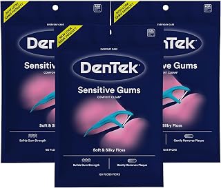 DenTek Comfort Clean Sensitive Gums Floss Picks - Soft Silky Ribbon Floss, Fluoride Mouthwash Blast, Tongue Scraper, 150ct 3-Pack