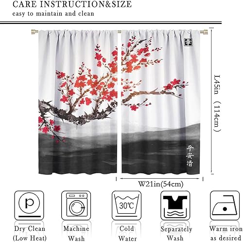 Miniatura 2 de Cortinas japonesas asiáticas con diseño de cerezo rojo, estilo tradicional de tinta, con estampado de plantas, montañas y ríos, para cocina,