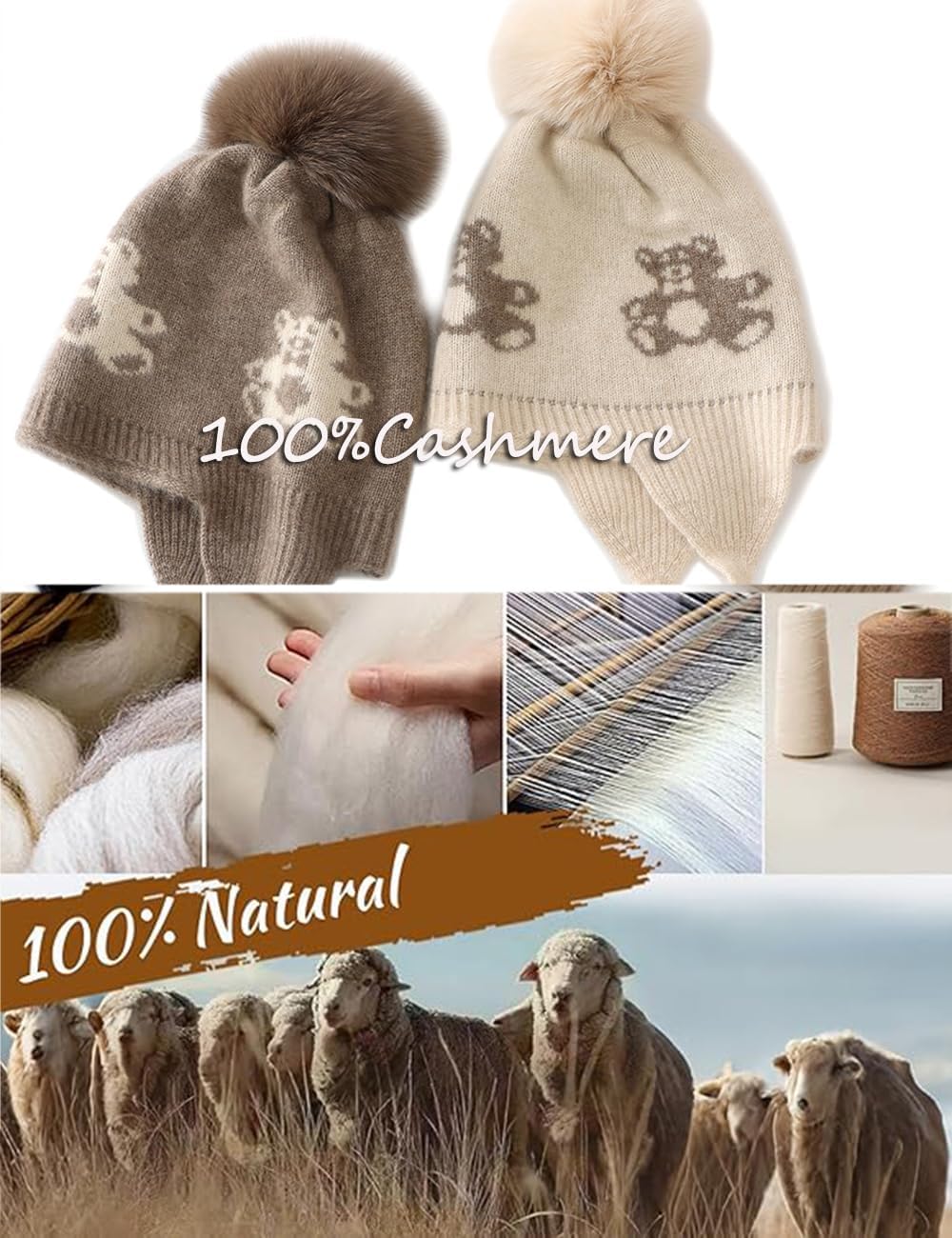 Cashmere100% Kids Beanie Hat for Boys Girls Winter Hat with Ear Flaps Warm Cute Skull Cap 6-12 Years